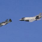 A U.S. Navy F-35 "attempts" to catch up with a World War II vintage P-51 Mustang.